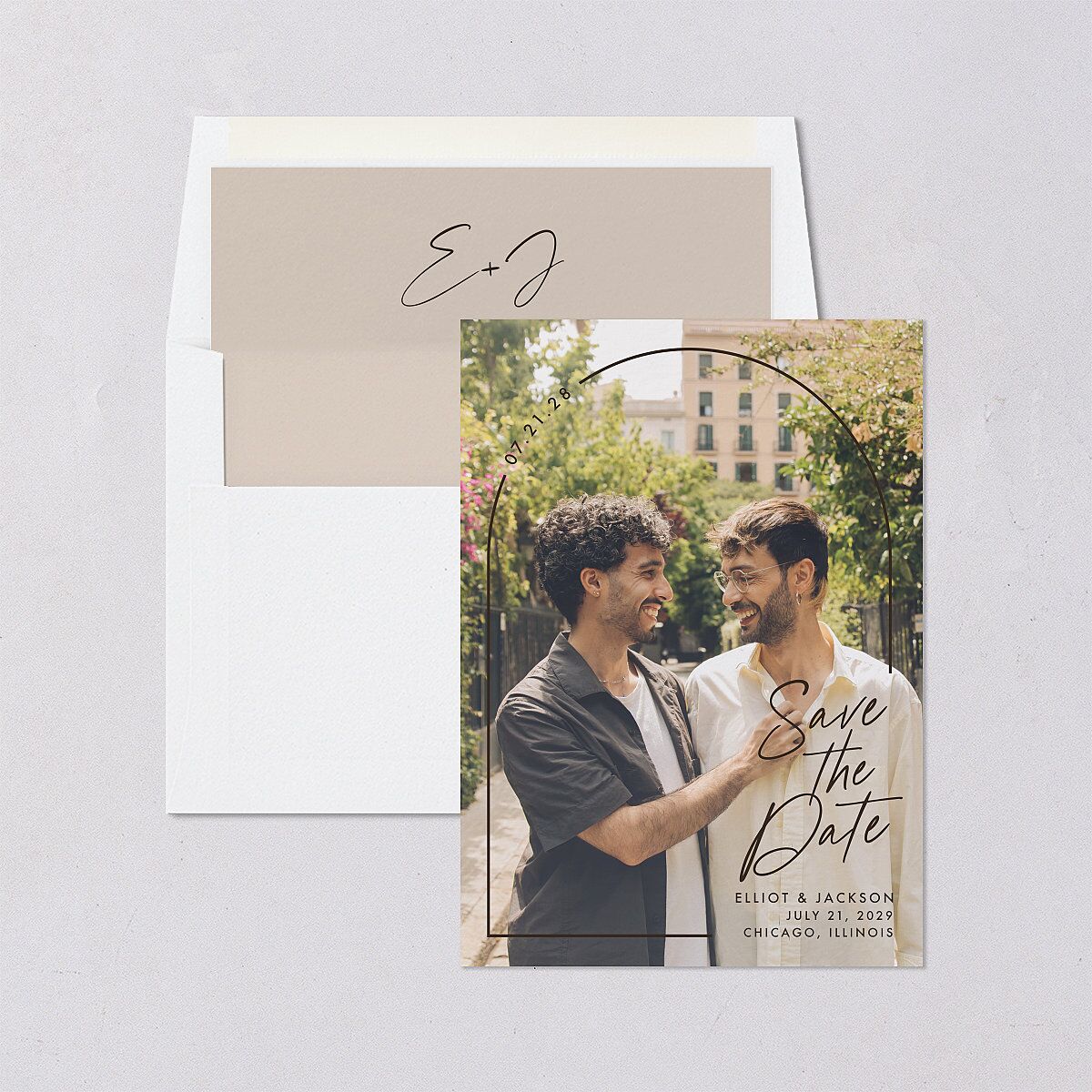 Scripted Arch Save the Date Cards Deep Bronze Signature smooth Blank No Standard
