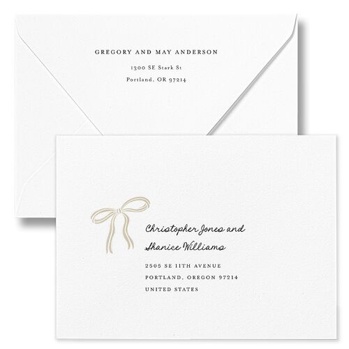 Striped Bow Photo Holiday Card Euro Envelopes White Pure White Both Recipient and Return Addresses Luxe Signature