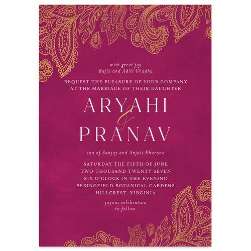 Indian Ornamental Elegance Wedding Invitations Raspberry Signature Blank No Standard