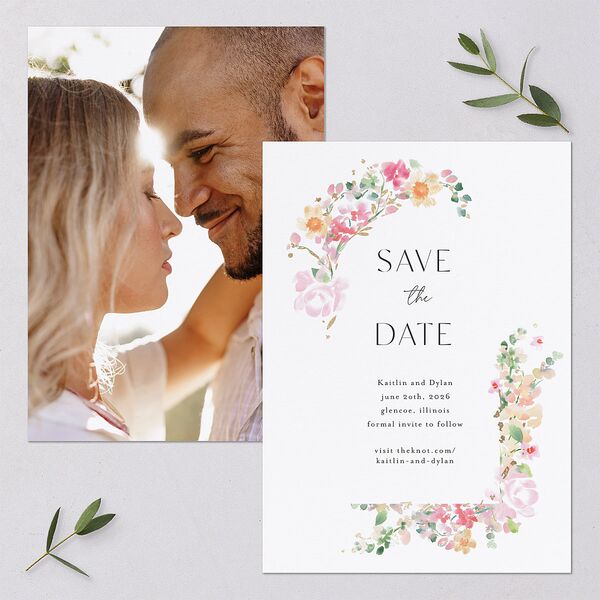 Pastel Flower Arch Foil Save the Date Cards Gold Pink Cotton Signature smooth Blank No Standard
