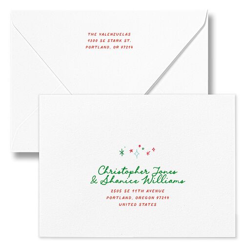 Whimsical Painted Holiday Border Holiday Card Euro Envelopes White Jewel Green Return Address Luxe Signature