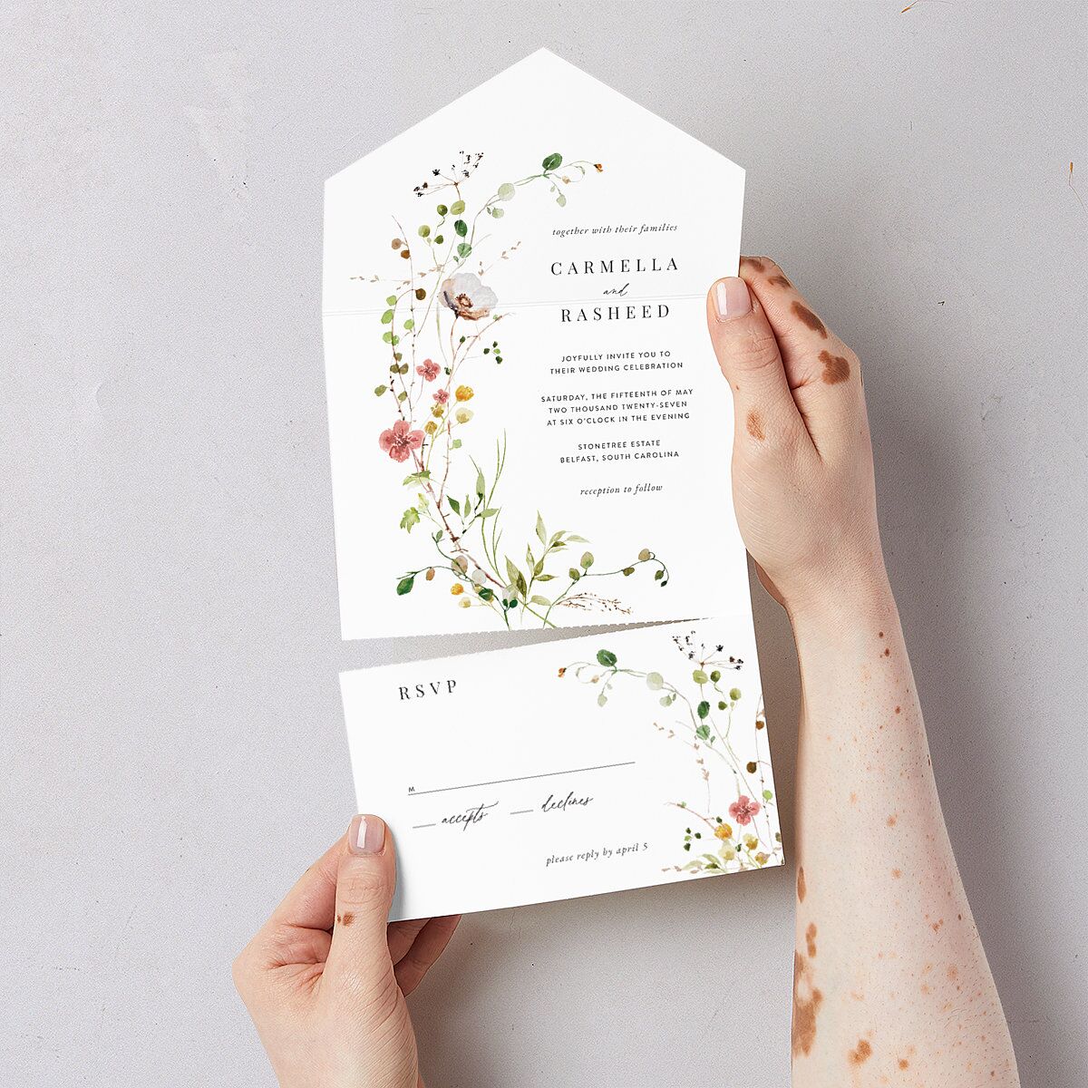 Delicate Wildflower All-in-One Wedding Invitations Peach Pink Signature Light Both Recipient and Return Addresses No