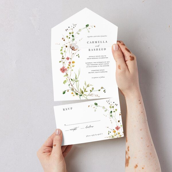 Delicate Wildflower All-in-One Wedding Invitations Peach Pink Signature Light Both Recipient and Return Addresses No