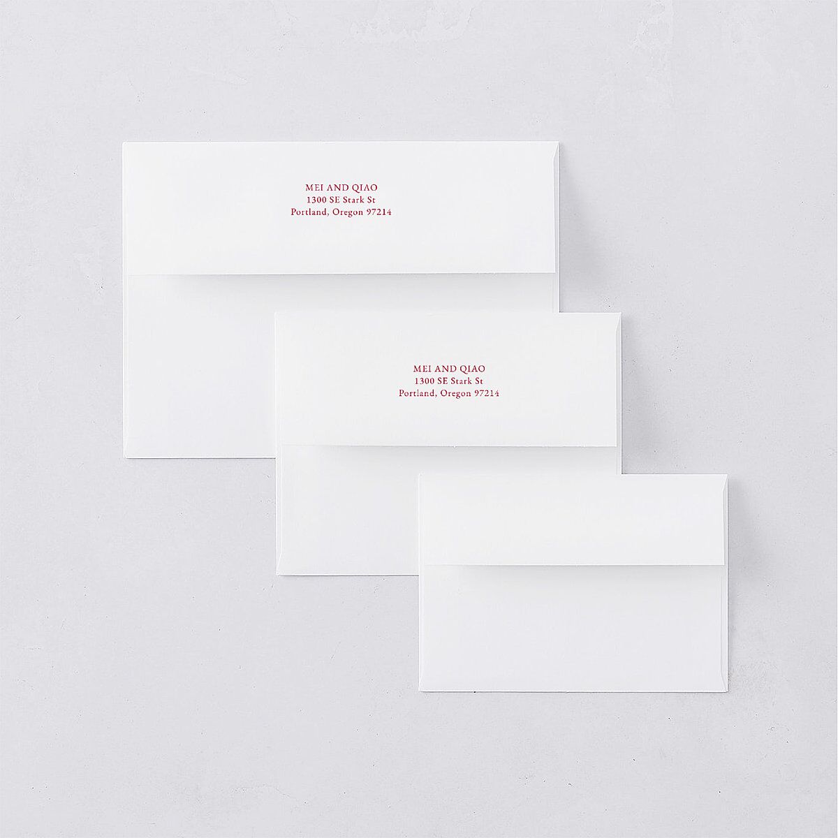 Chinese Double Happiness Rehearsal Dinner Invitation Envelopes White Scarlet Both Recipient and Return Addresses Signature Standard