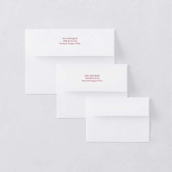 Chinese Double Happiness Rehearsal Dinner Invitation Envelopes White Scarlet Both Recipient and Return Addresses Signature Standard