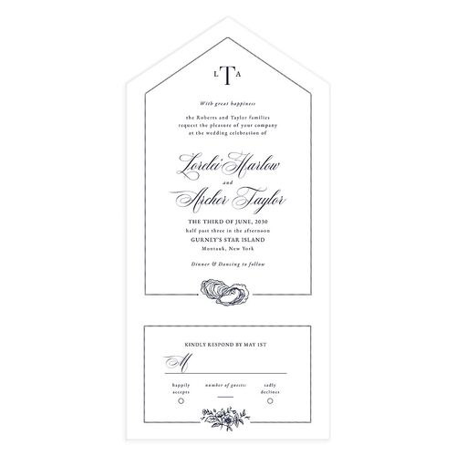 Coastal Oysters and Anchors All-in-One Wedding Invitations Navy Signature Light Both Recipient and Return Addresses No