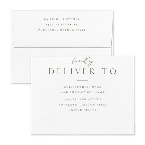 Side Panel Save the Date Petite Card Envelopes White Deep Olive Both Recipient and Return Addresses Signature Standard