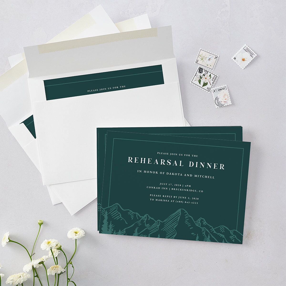 Mountain Escape Rehearsal Dinner Invitations Dark Emerald Signature Blank