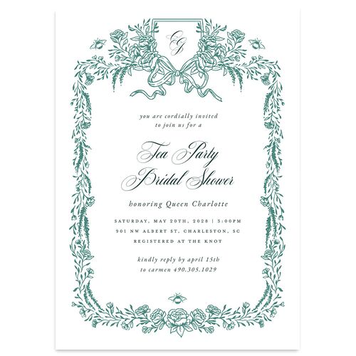 Rose Garden Crest Bridal Shower Invitations by Bridgerton Dark Emerald Signature Blank Standard