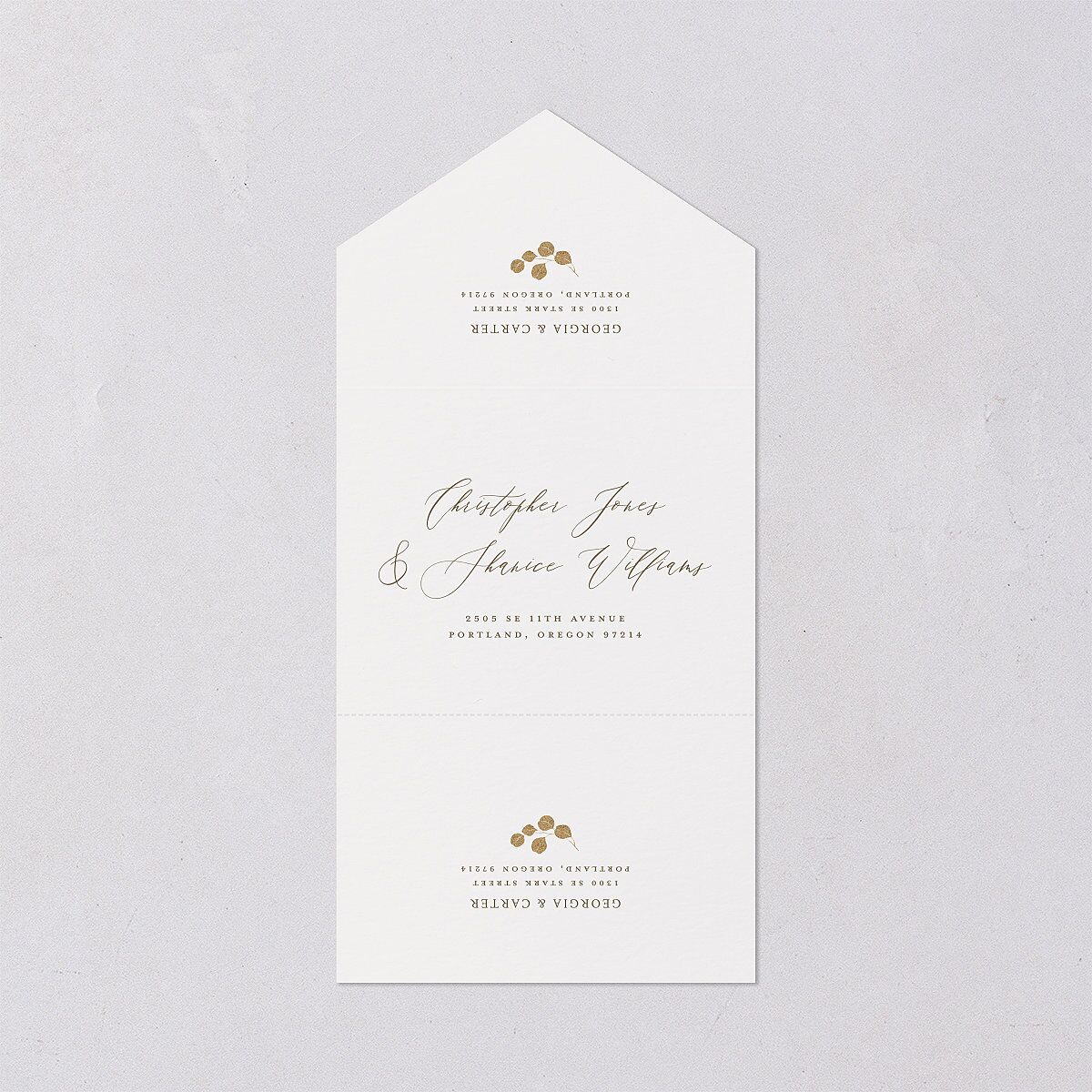 Ethereal Greenery and Gold All-in-One Wedding Invitations Pure White Signature Light Both Recipient and Return Addresses No