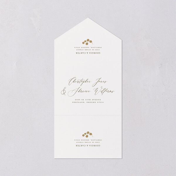 Ethereal Greenery and Gold All-in-One Wedding Invitations Pure White Signature Light Both Recipient and Return Addresses No