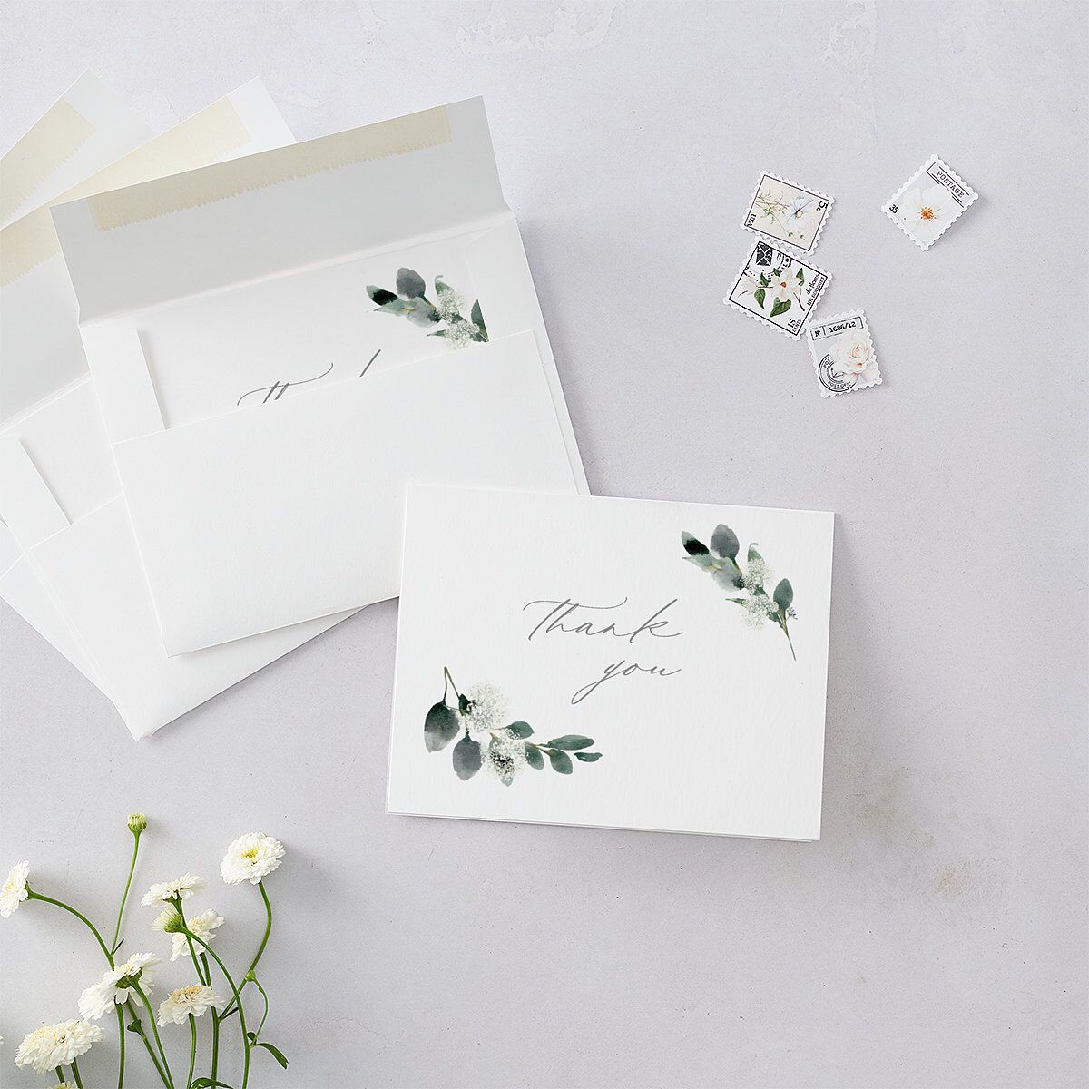 Elegant Greenery Thank You Cards Pure White