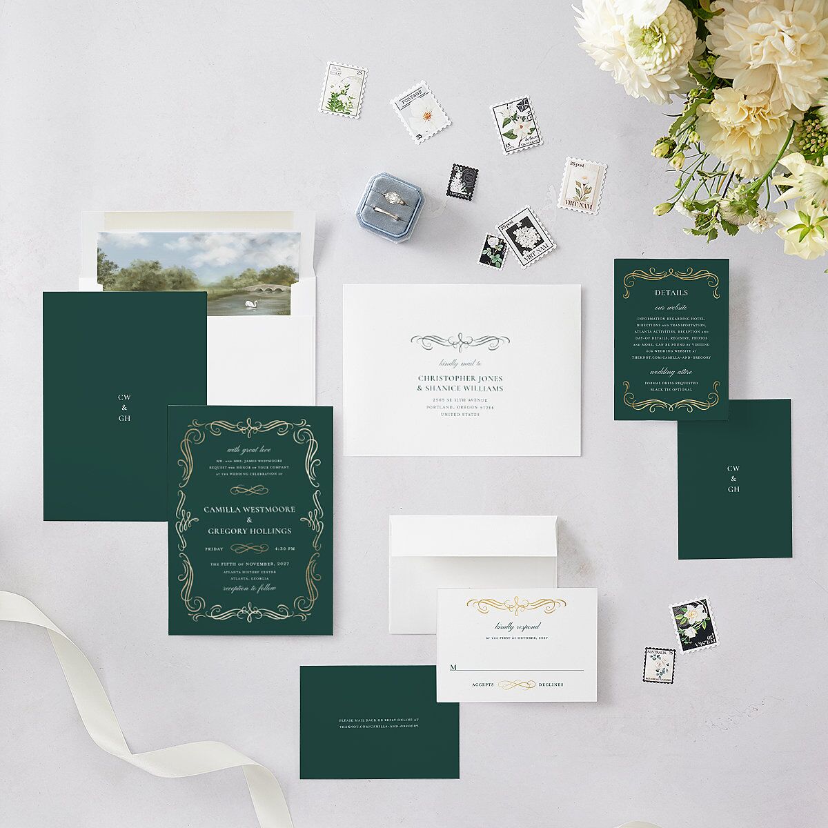 Antique Fairytale Foil Wedding Invitations Gold Dark Emerald Signature Blank No Standard