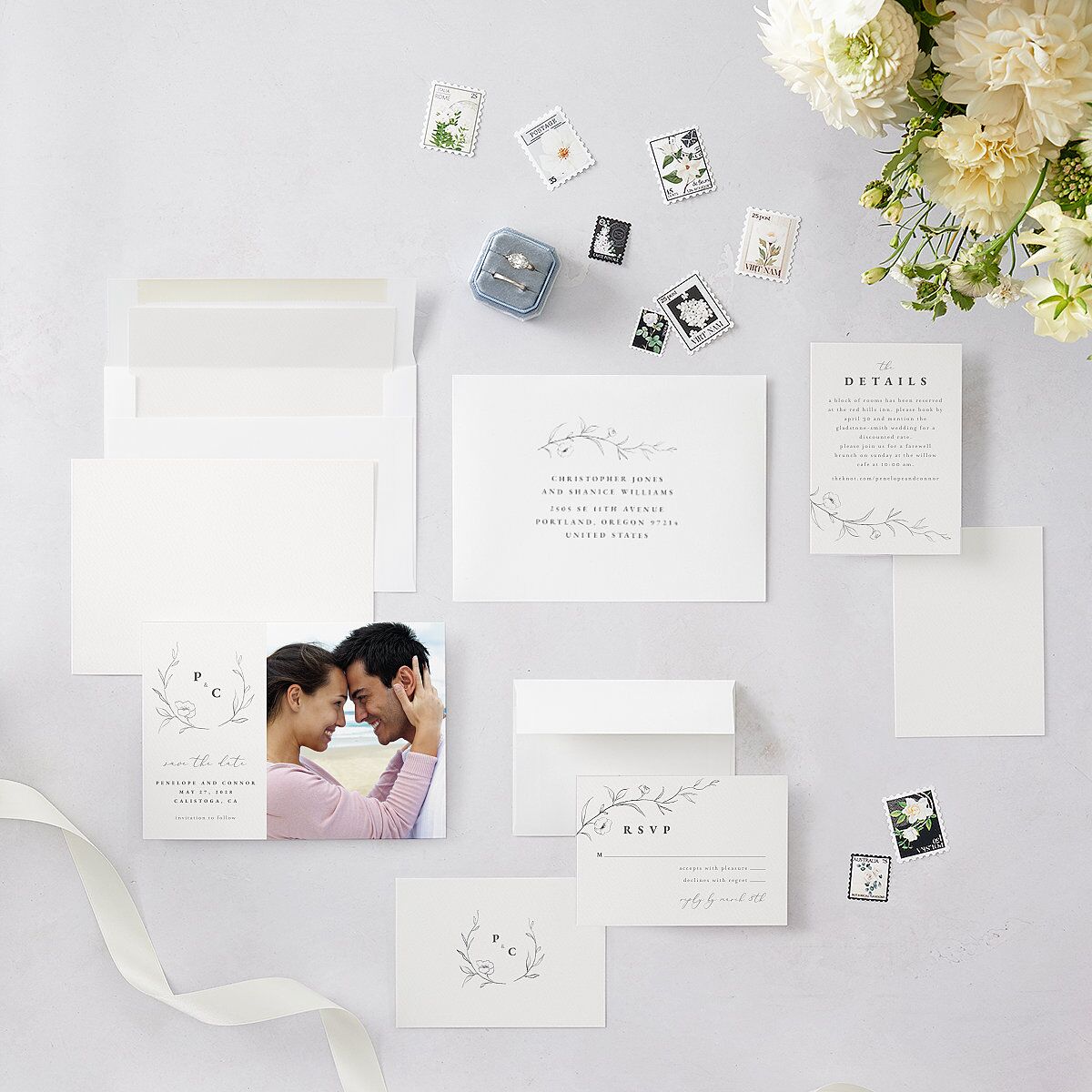 Graceful Botanical Save The Date Cards Shadow Gray Signature smooth Blank No Standard