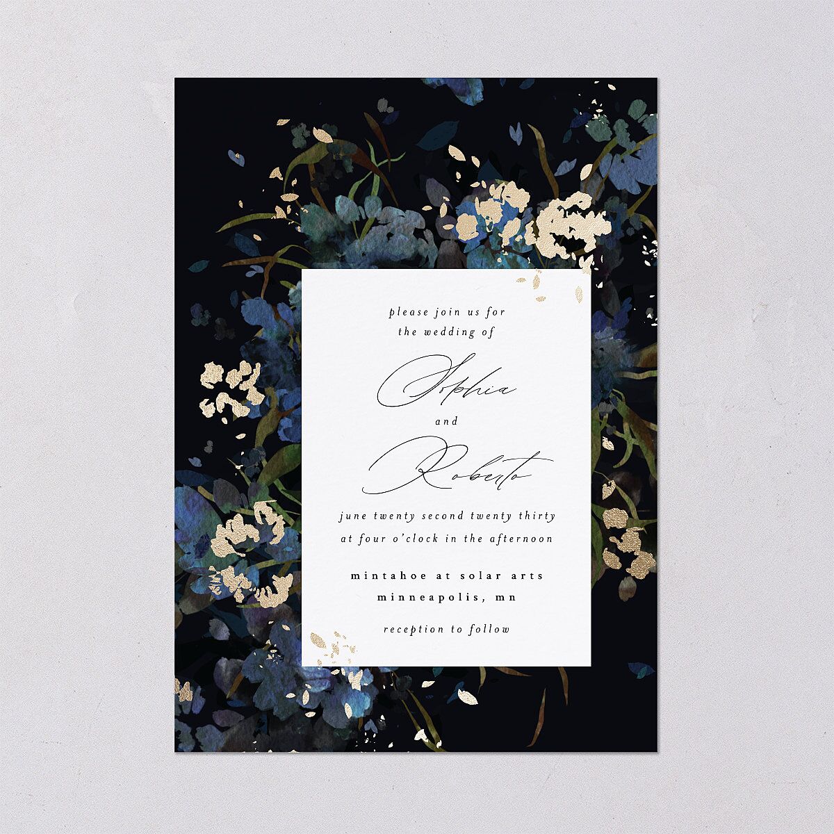 Midnight Floral Wedding Invitations Gold Navy Signature Blank No