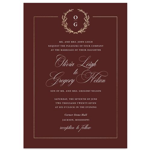 Gilded Wreath Wedding Invitations Gold Burgundy Signature Blank No Standard
