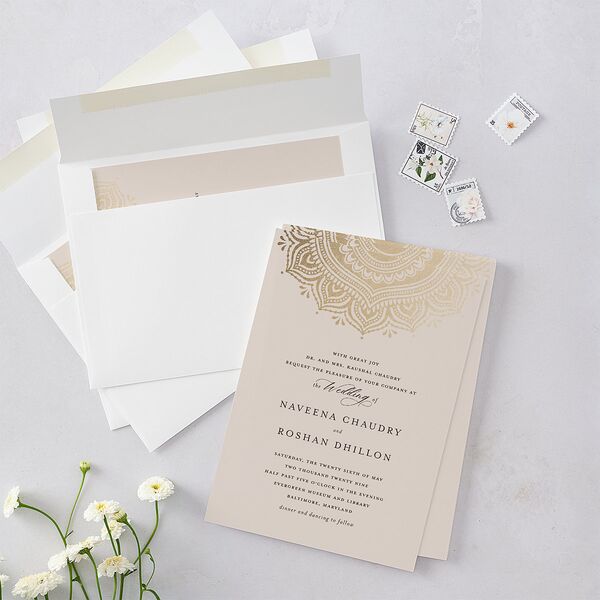 Indian Gilded Adornment Wedding Invitations Gold Sand Signature Blank No Standard