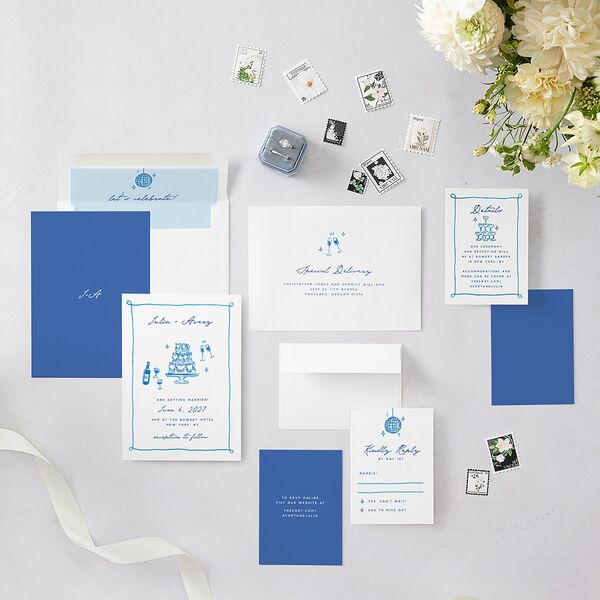 Hand Drawn Cake Wedding Invitations French Blue Signature Blank No