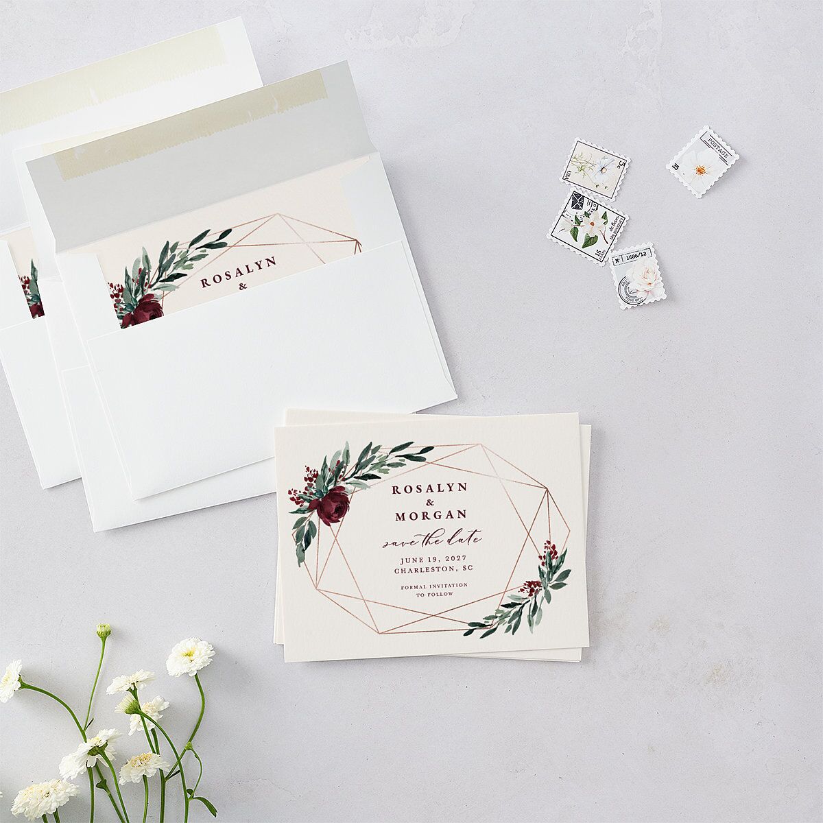 Gilded Botanical Save the Date Petite Cards Burgundy Signature smooth Blank No Standard