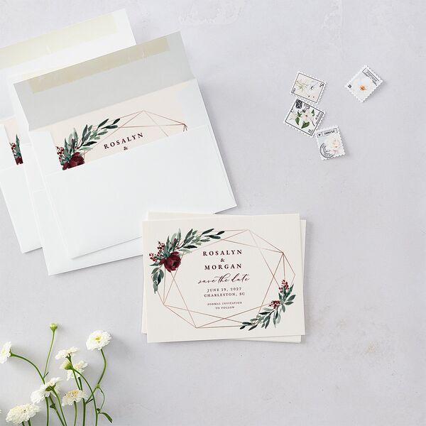 Gilded Botanical Save the Date Petite Cards Burgundy Signature smooth Blank No Standard