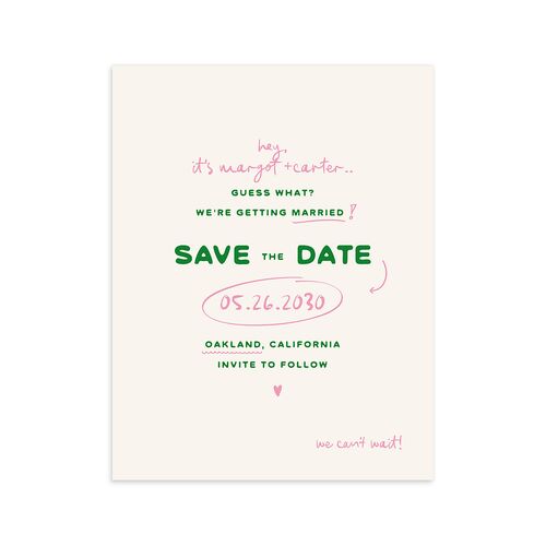 Whimsically Retro Handwritten Note Save the Date Petite Cards Kelly Green Signature smooth Blank No Standard