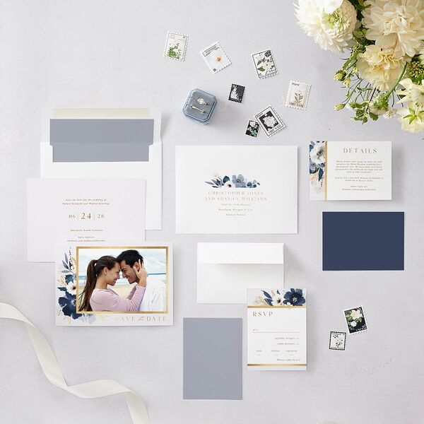 Gilded Blooms Save The Date Cards Gold Regency Blue Signature smooth Blank No Standard