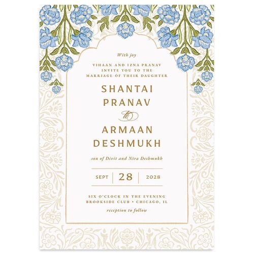 Indian Botanical Blooms Wedding Invitations French Blue Signature Blank No Standard