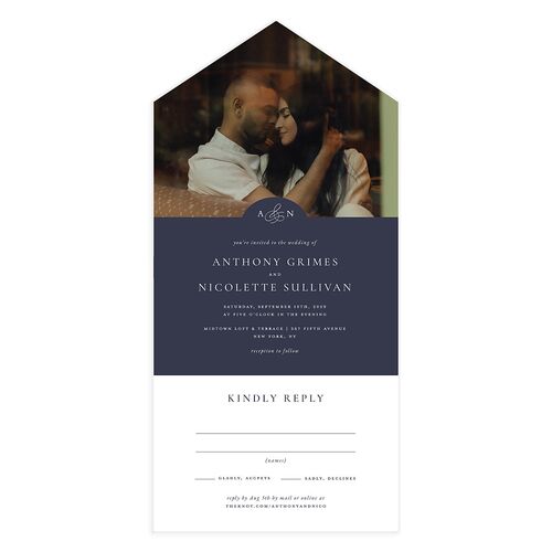 Elegant Photo Monogram All-in-One Wedding Invitations Navy Signature Light Both Recipient and Return Addresses No
