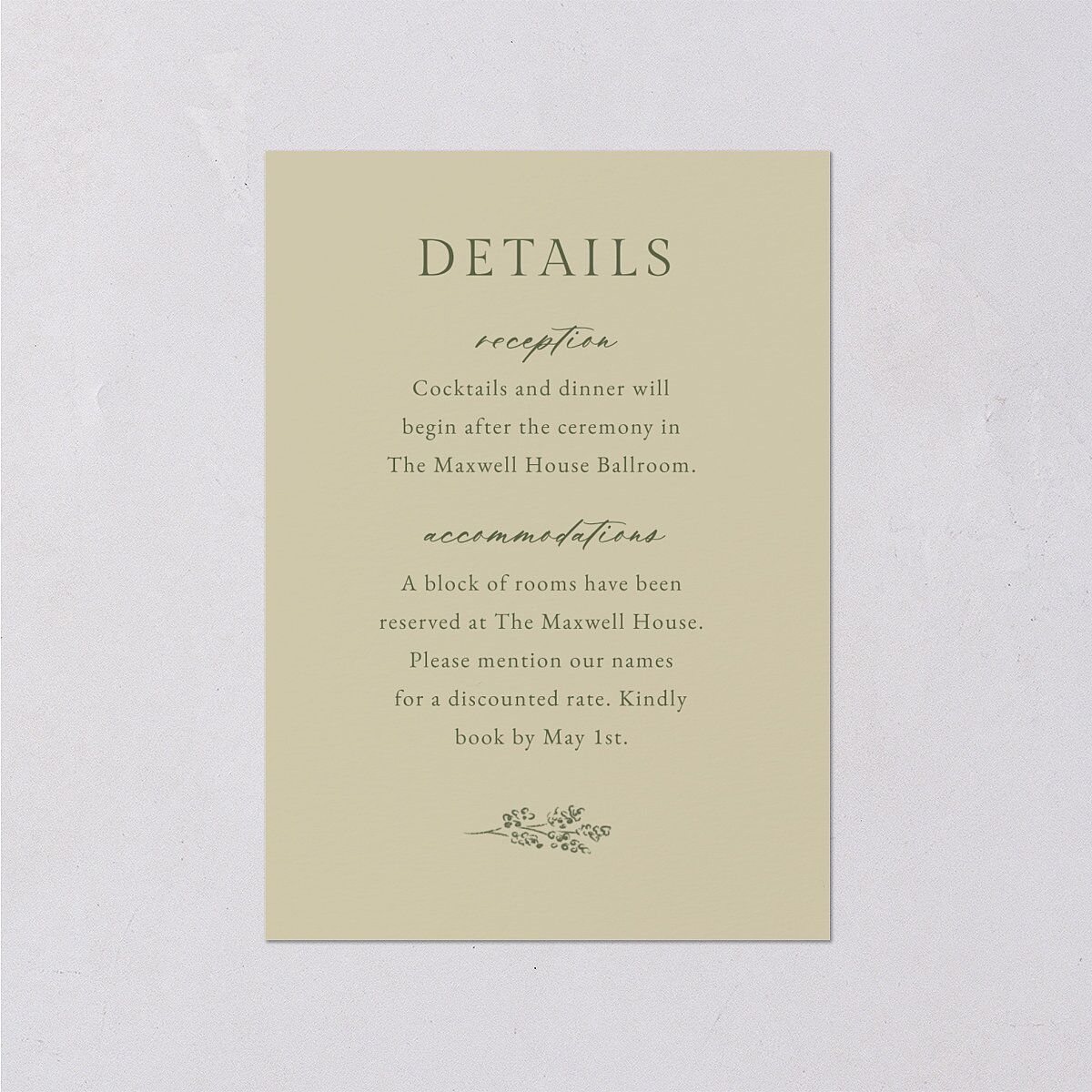 Vintage Botanical Sketch Wedding Event Detail Cards Dark Camo Signature Standard