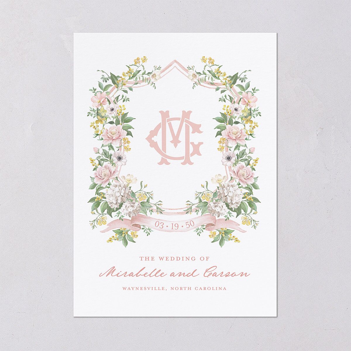 Maximalist Floral Crest Wedding Invitations Pink Cotton Signature Blank No Standard