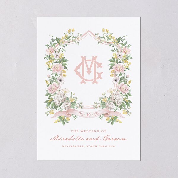 Maximalist Floral Crest Wedding Invitations Pink Cotton Signature Blank No Standard