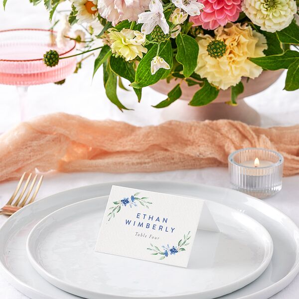 Watercolor Crest Place Cards Cornflower Signature