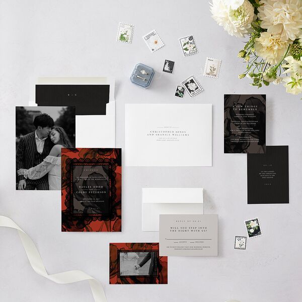 Moody Romantic Lace Floral Wedding Invitations Red Clay Signature Blank No Standard