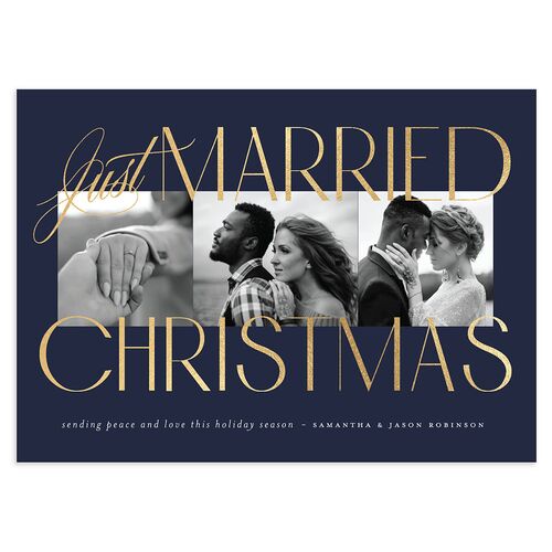 Just Married Christmas Holiday Cards Gold Navy Signature Blank Standard Landscape