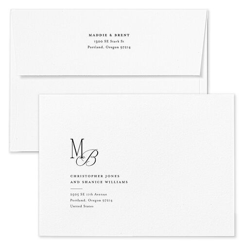 Romantic Monogram Photo Save The Date Card Envelopes White Dusty Blue Both Recipient and Return Addresses Signature Standard