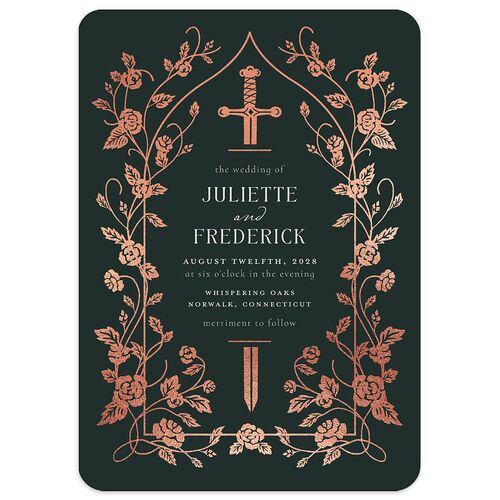Sword and Roses Fantasy Garden Foil Wedding Invitations Wave Rose Gold Signature Blank Rounded No