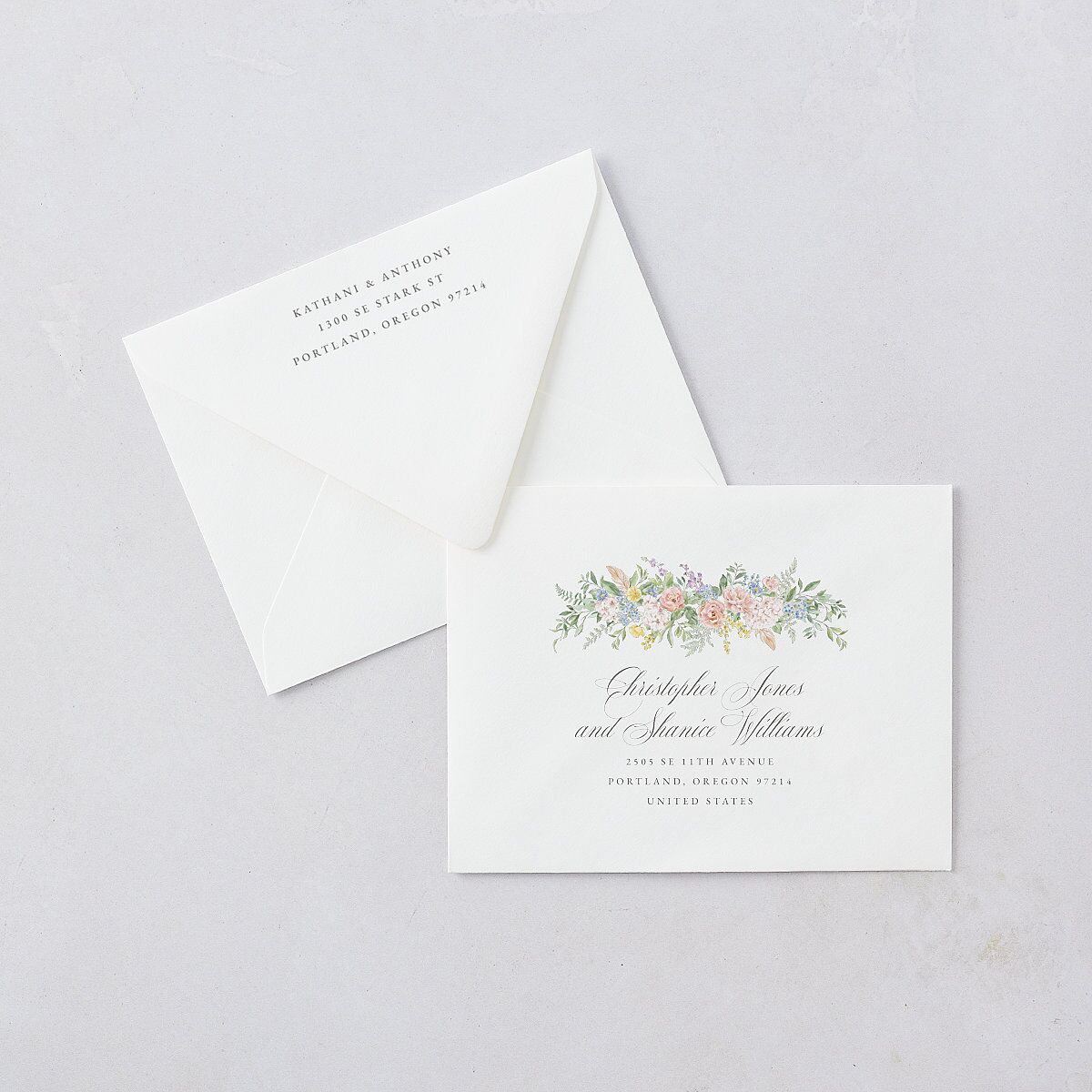 Glamorous Regency Garden Thank You Card Euro Envelopes by Bridgerton White Sage Both Recipient and Return Addresses Luxe Signature