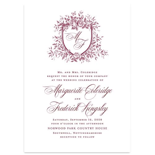 Elegant Rose Crest Wedding Invitations Dark Berry Signature Blank No