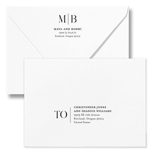 Monogram Portrait Wedding Invitation Euro Envelopes White Bisque Both Recipient and Return Addresses Luxe Signature