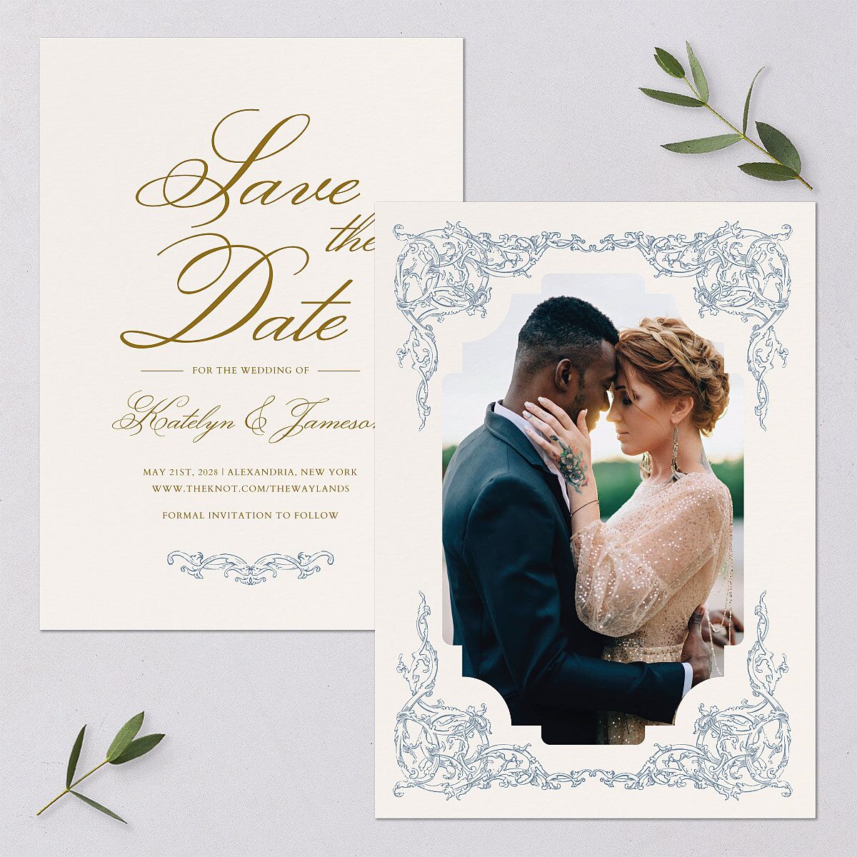 Romantic Rococo Save The Date Cards Dusty Blue Signature smooth Blank No Standard