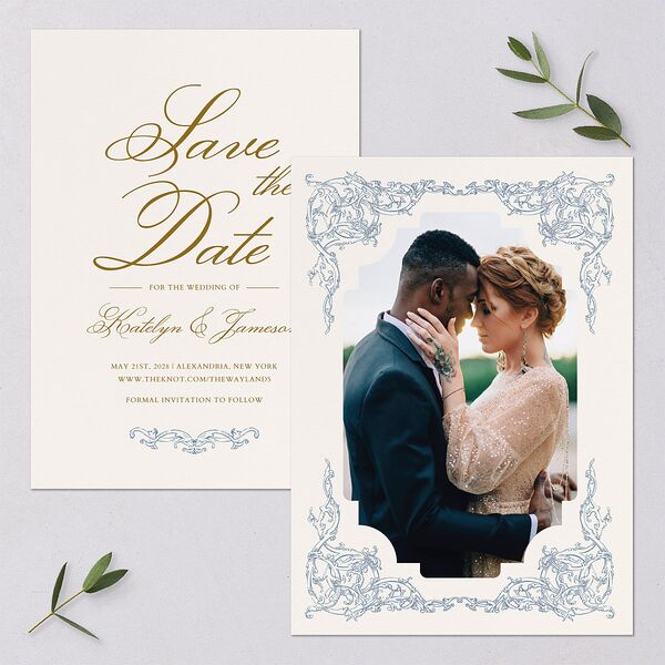 Romantic Rococo Save The Date Cards Dusty Blue Signature smooth Blank No Standard