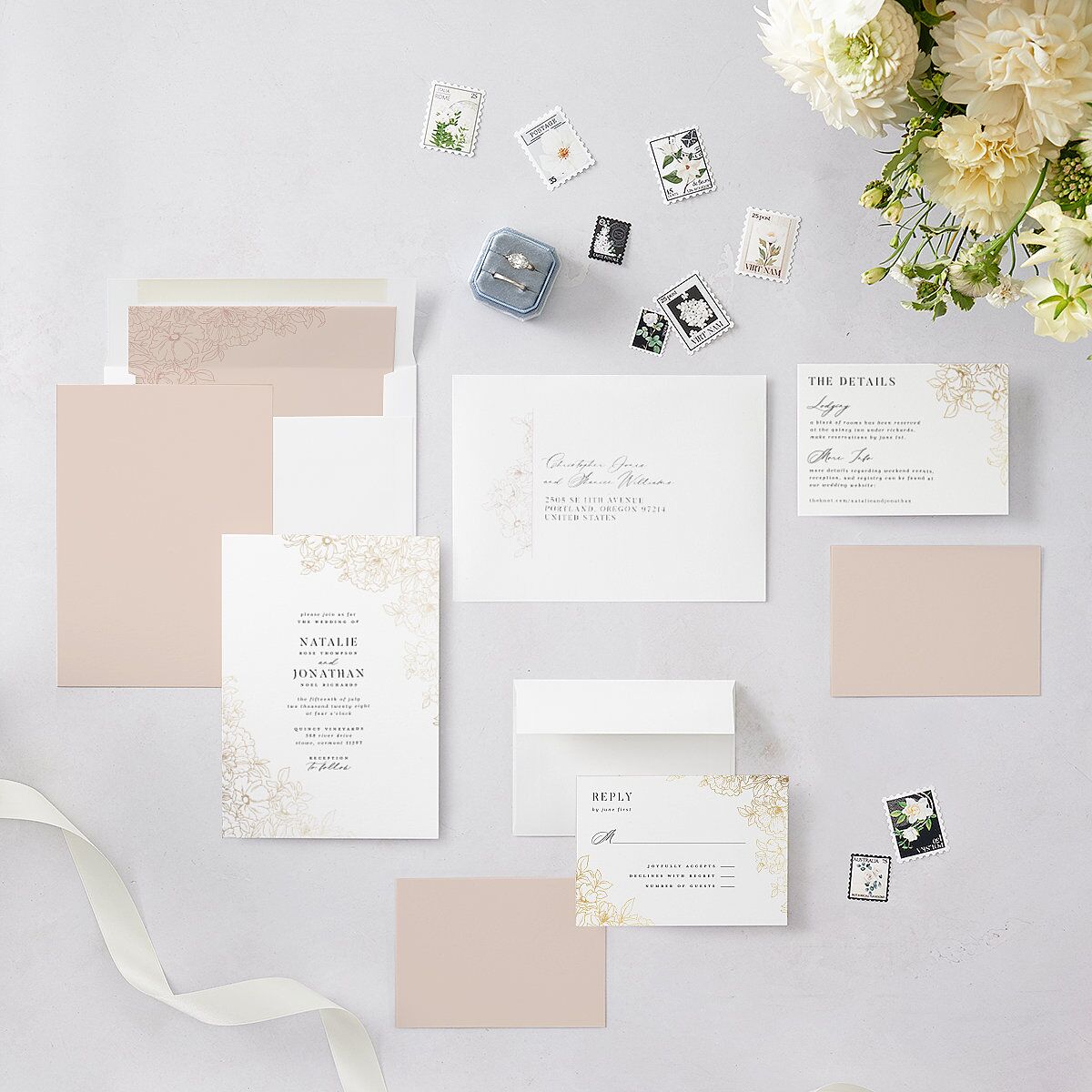 Gilded Florals Wedding Invitations Gold Blossom Signature Blank No Standard