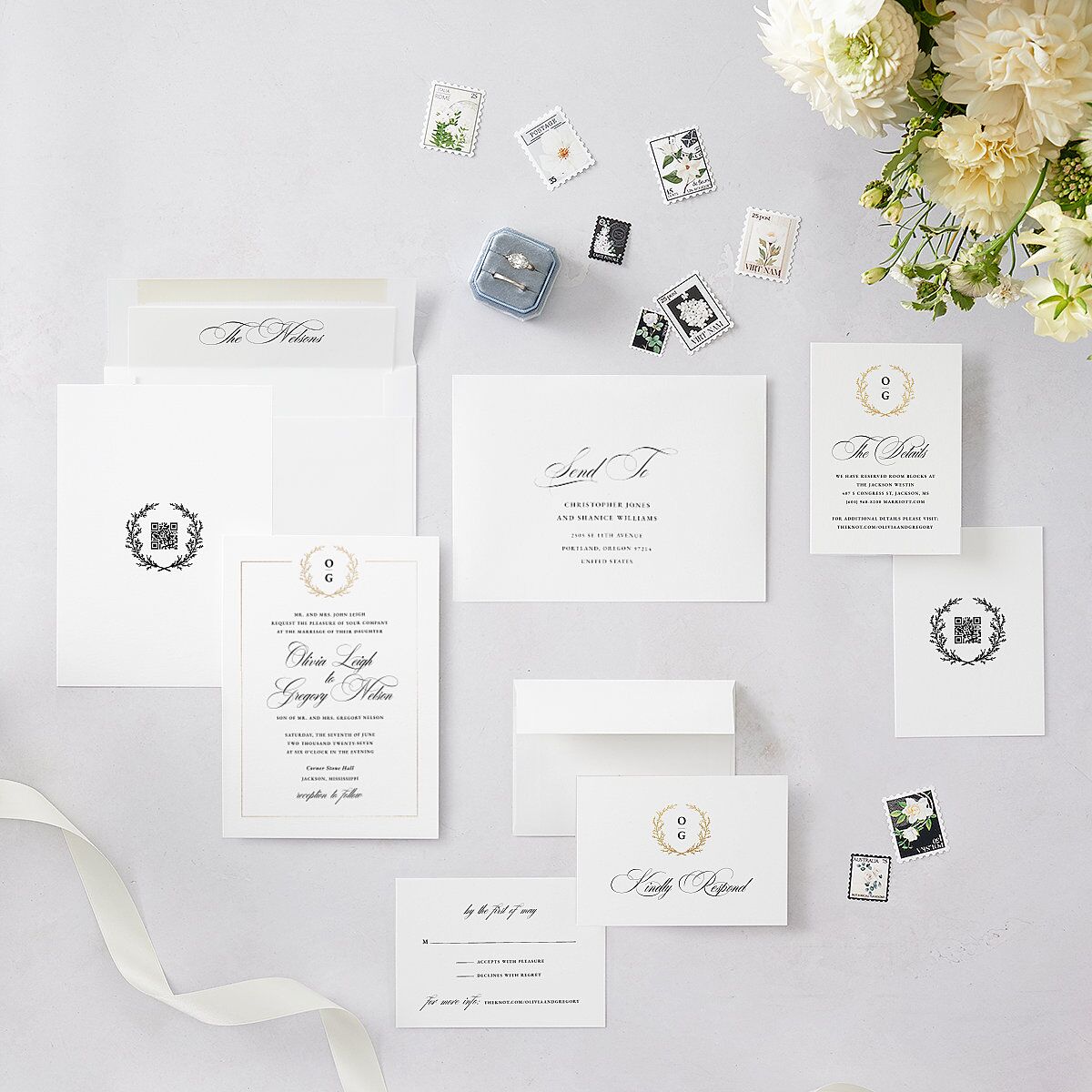 Gilded Wreath Wedding Invitations Gold Pure White Signature Blank No Standard