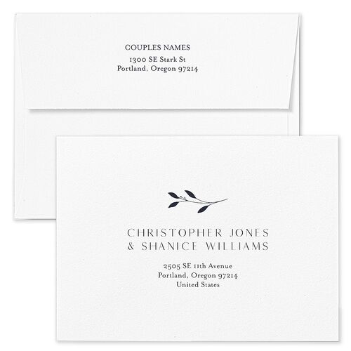 Gilded Sprigs Rehearsal Dinner Invitation Envelopes White Moody Blue Both Recipient and Return Addresses Signature Standard
