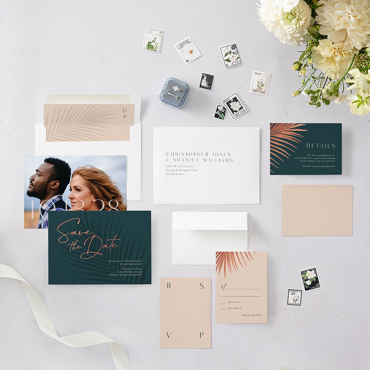 Lavish Palm Save The Date Cards Rose Gold Deep Lake Signature smooth Blank No Standard