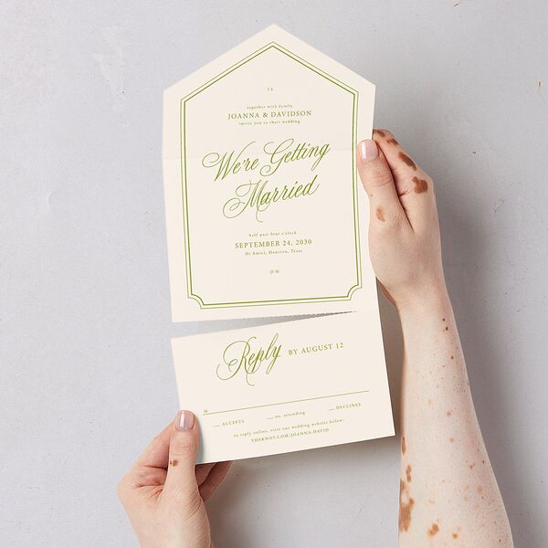 We're Getting Married All-in-One Wedding Invitations Deep Olive Signature Light Both Recipient and Return Addresses