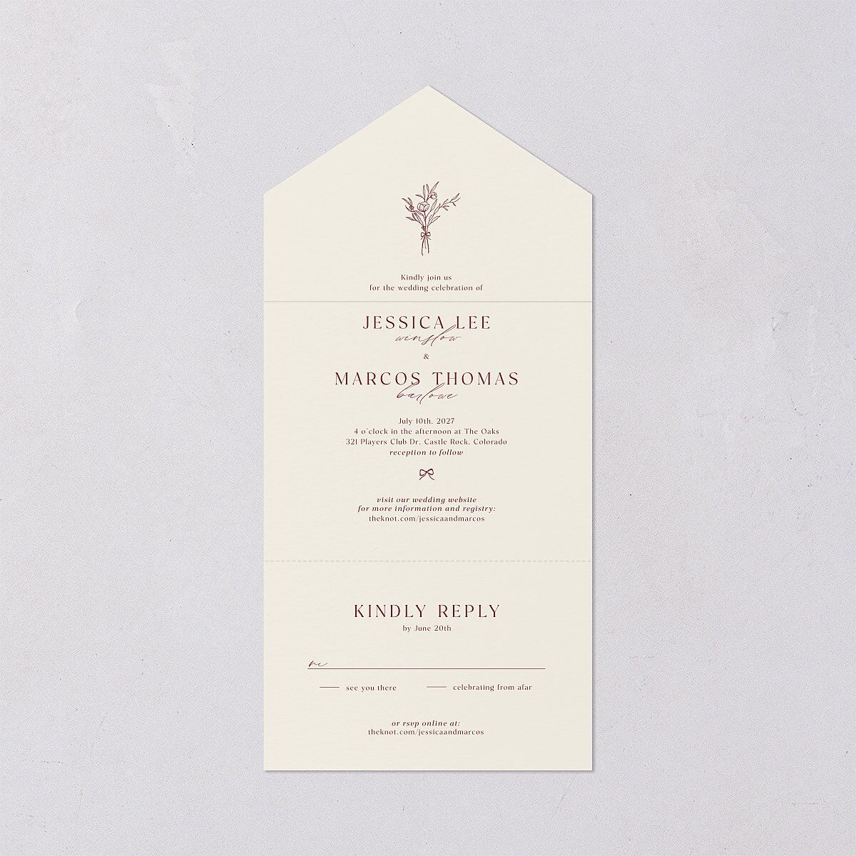 Simple Boho Flowers All-in-One Wedding Invitations Raspberry Signature Light Both Recipient and Return Addresses No