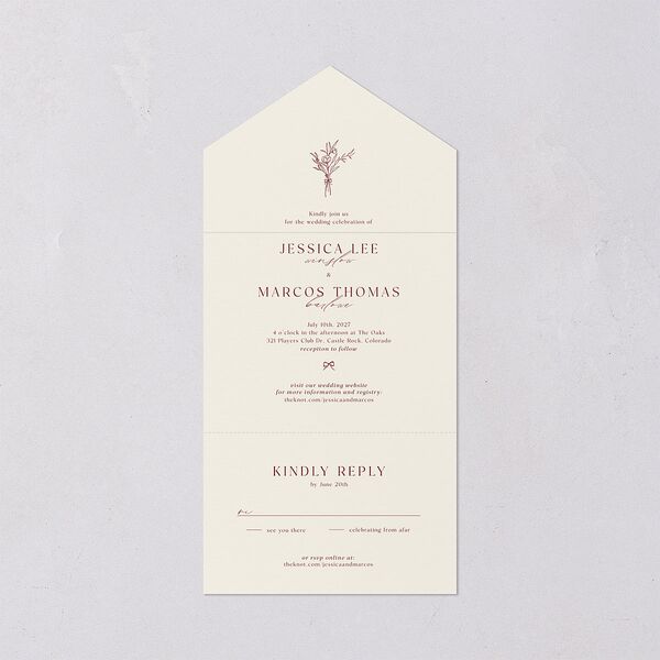 Simple Boho Flowers All-in-One Wedding Invitations Raspberry Signature Light Both Recipient and Return Addresses No