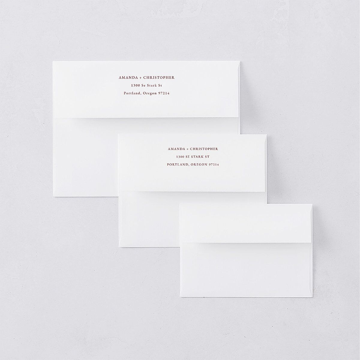 Photo Flourish Wedding Invitation Envelopes Burgundy White Both Recipient and Return Addresses Standard Signature