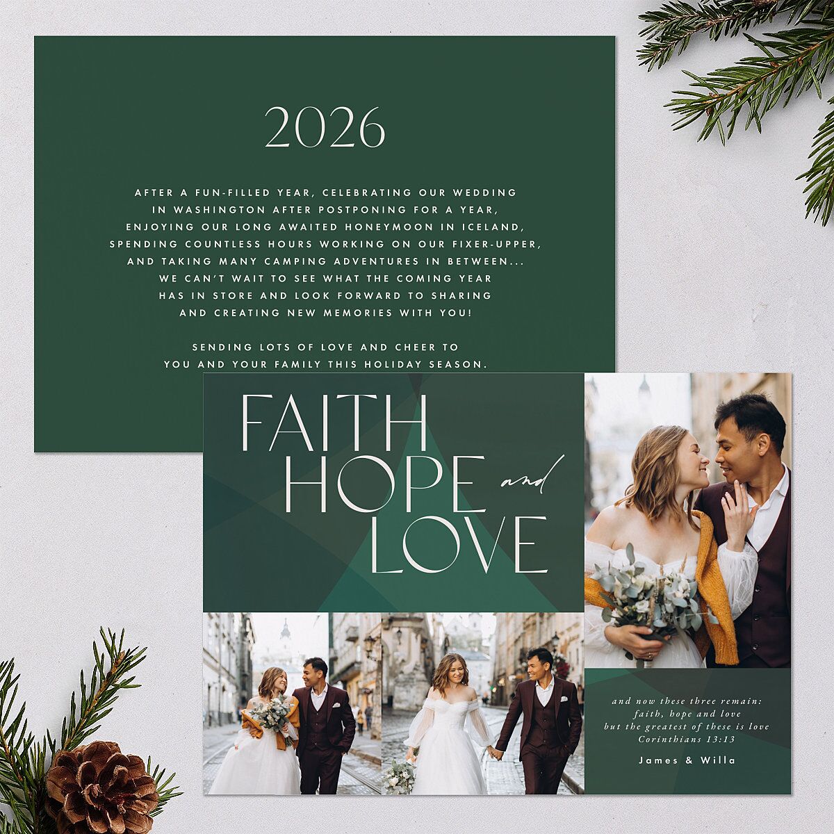Faith Hope Love Holiday Cards Hunter Green Signature Blank Standard Landscape
